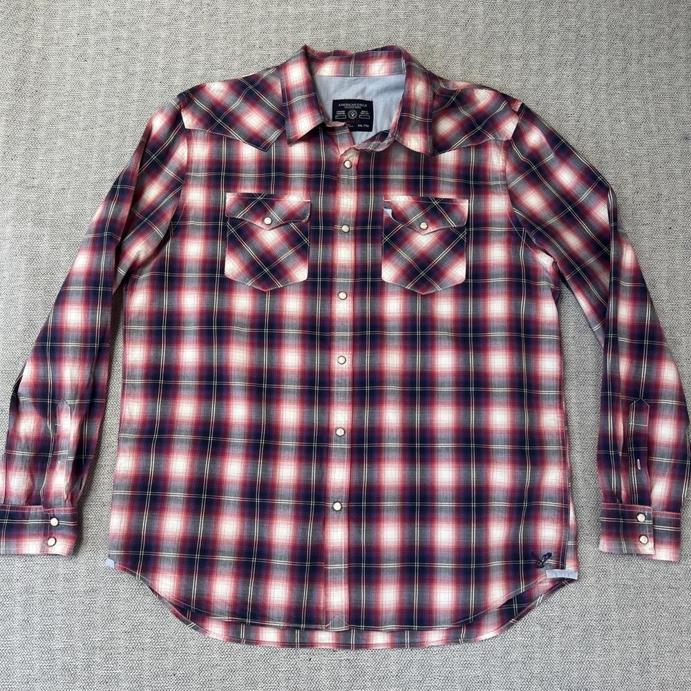 American Eagle XXL Vintage Fit Plaid Western Shirt Men Pearl Snap Long Sleeves
